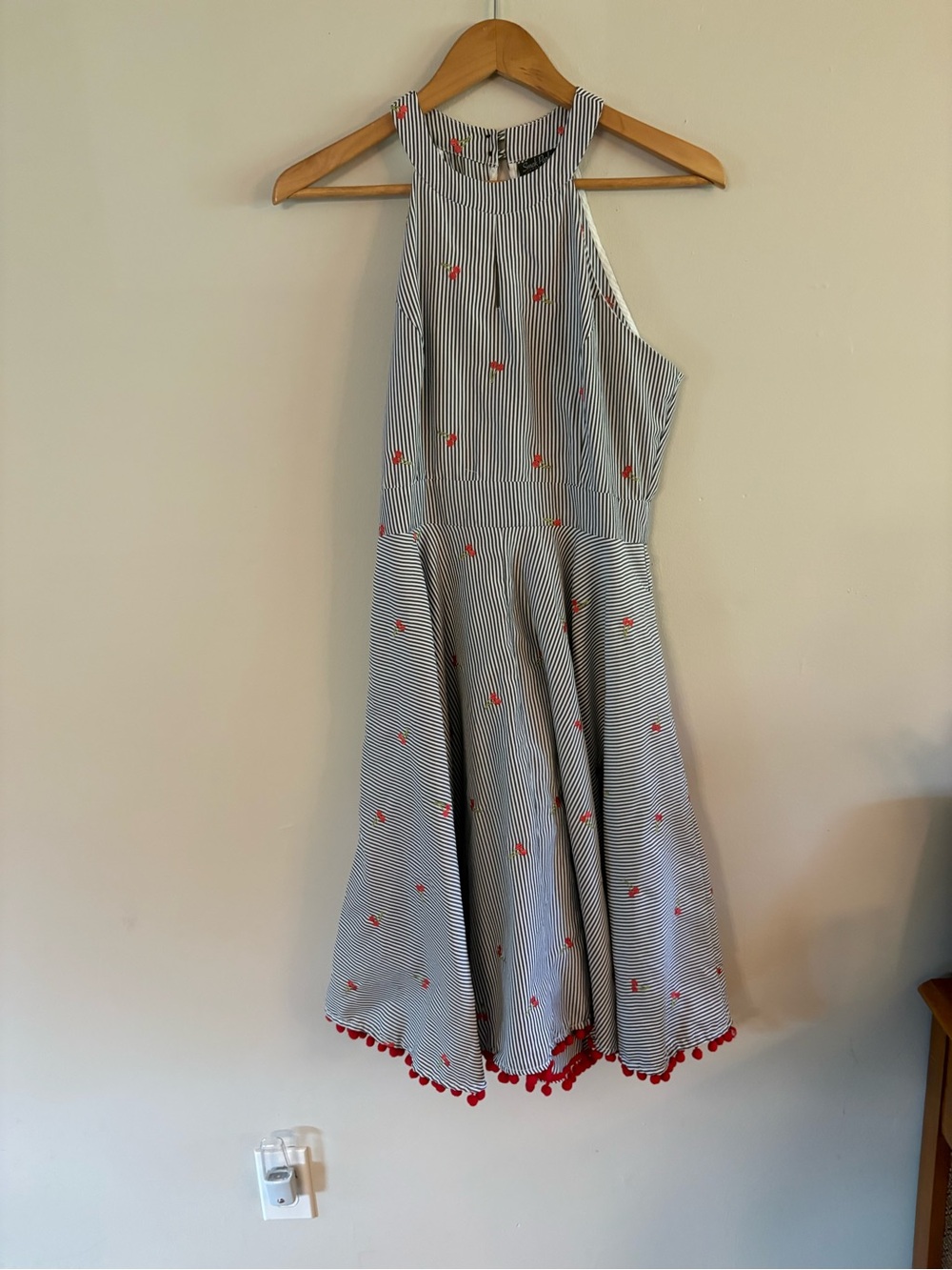 Striped Midi Halter Dress with Red Embroidered Dots